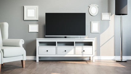 TV on stand in bright room. 3D illustration.