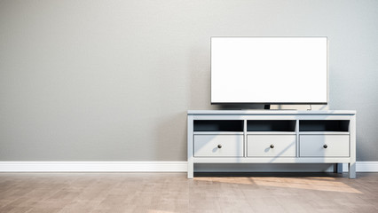 TV on stand in bright room. 3D illustration.