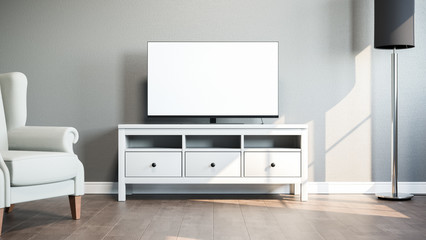 TV on stand in bright room. 3D illustration.