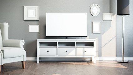 TV on stand in bright room. 3D illustration.