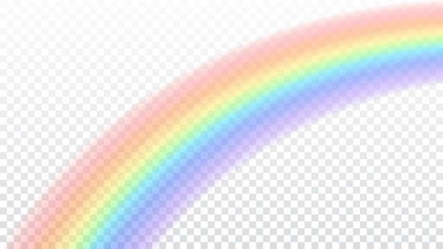 Rainbow icon. Shape arch realistic isolated on white transparent background. Colorful light and bright design element. Symbol of rain, sky, clear, nature. Graphic object. Vector illustration