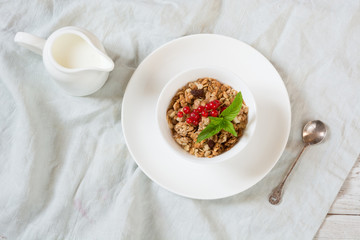 Summer breakfast of granola, muesli with milk jug with red currant decor on light wooden board. Top view.