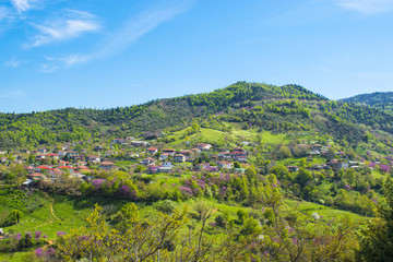 Fototapeta na wymiar Spring colors and traditional greek village at the picturesque mountains landscape near lake Plastiras, Greece, Europe.
