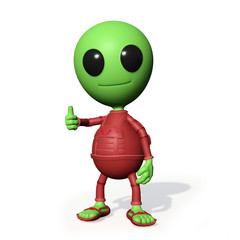 cute little alien cartoon character with thumbs up (3d illustration, green man isolated on white background)