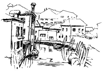 City. Vector illustration. Doodle art. Hand drawn illustration of small town with old buildings, river and bridge. Freehand outline ink hand drawn picture object sketch. Original digital drawing.