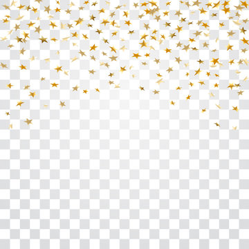 Gold stars falling confetti isolated on white transparent background. Golden abstract confetti. Decoration sparkle explosion festive, celebration party. Holiday stars rain. Vector illustration