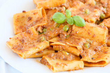 Paccheri baked with meat sauce.Mediterranean italian culinary specialties.Baked pasta in the white dish