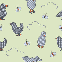 Seamless pattern with decorative birds, butterflies and clouds. It can be used as a background for websites, children's fabrics, gift wrapping. Vector illustration on a light green background.