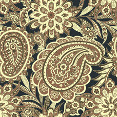 Paisley seamless pattern with flowers in indian style. 
