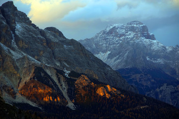 Sunset light over Croda da Lago in the Dolomites, Italy, Europe