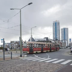 Foto op Canvas Details of street infrastructure with pedestrian crossing and bicycle lane and tram car crossing street in the Hague, Netherlands.  © abyrvalg_00