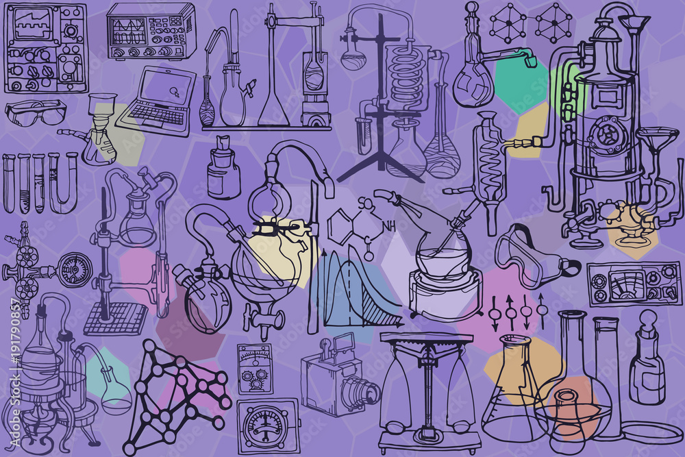 Wall mural vector seamless pattern with sketch elements related to science or education. physics or chemistry a