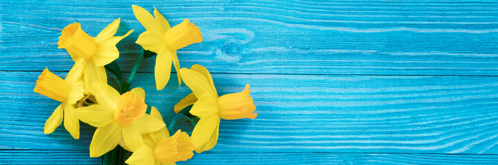 Daffodils bouquet on blue wooden table