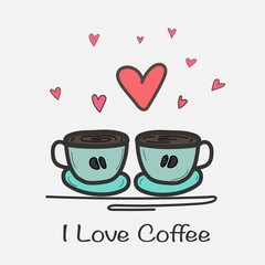 I Love Coffee Hand Drawn Vector Illustration. Doodle Art.
