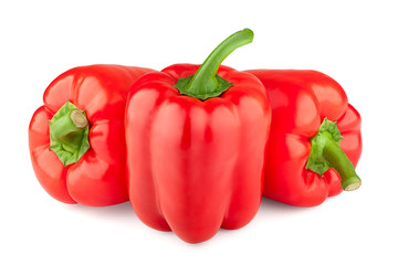 three red sweet pepper, paprika, clipping path, isolated on white background, full depth of field