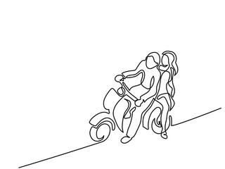 Continuous line drawing. Happy couple driving on scooter. Vector illustration