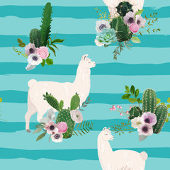 Llama and Cactus Seamless Pattern. Lamas Wildlife Nature Background for Fabric, Wallpaper, Wrapping Paper, Decoration. Vector illustration © wooster