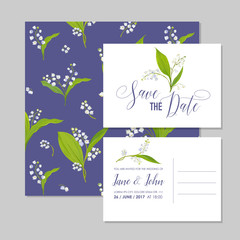 Save the Date Wedding Cards Set with Blossom Lily Flowers. Birthday Invitation, Anniversary Party, RSVP Floral Template. Vector illustration