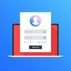 Registration page on laptop screen. Notebook and online login form, sign in page. User profile, access to account concepts. Modern flat design graphic elements. Long shadow design. Vector illustration