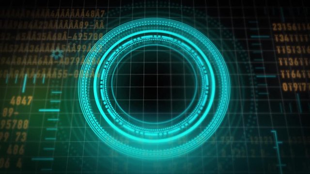 Futuristic Hud Round Circle Rotation Target with Computer Random Text Data. Good for tech title and background, news headline business intro screensaver.