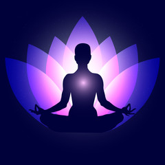 Human body in yoga lotus asana on neon purple lotus petals and dark blue space with stars background. Vector illustration eps10