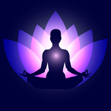 Human body in yoga lotus asana on neon purple lotus petals and dark blue space with stars background. Vector illustration eps10