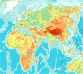 Fototapeta na wymiar Asia centered Physical World Map