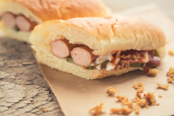 Hotdog with two sausiges and onion chips.
