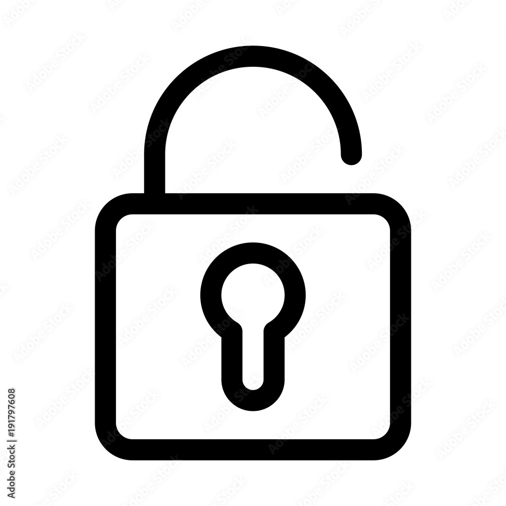 Poster unloked padlock icon. symbol of security and secret. outline modern design element. simple black fla