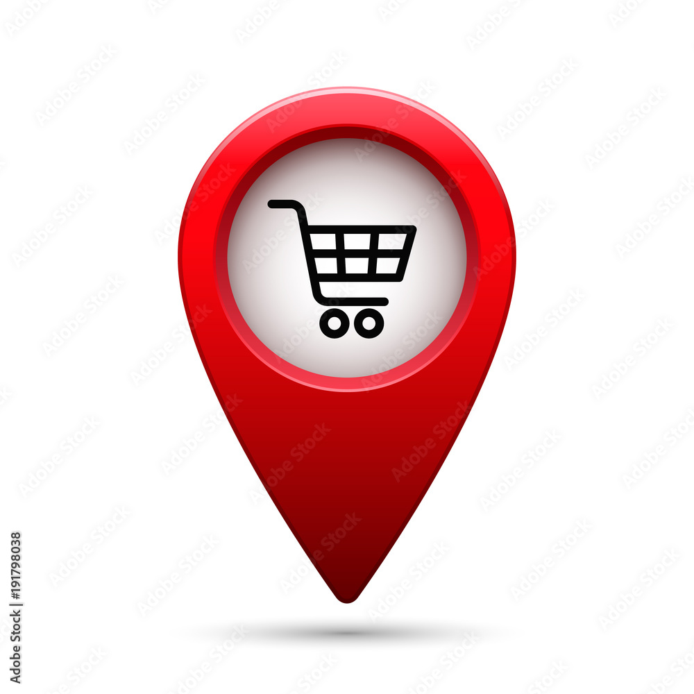 Poster map pointer with shopping cart icon. vector isolated illustration