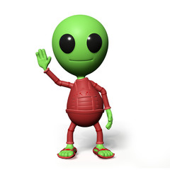 cute little alien cartoon character is waving his hand (3d illustration, isolated on white background)