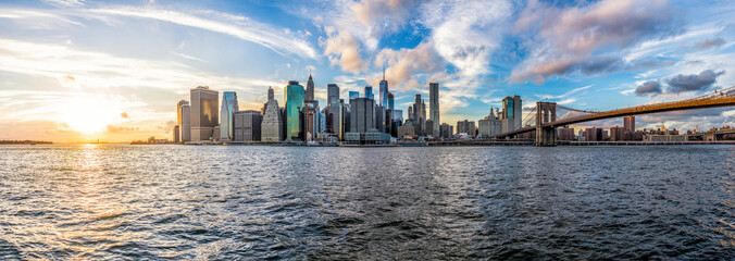 Panoramic Panorama view of outside outdoors in NYC New York City Brooklyn Bridge Park by east...