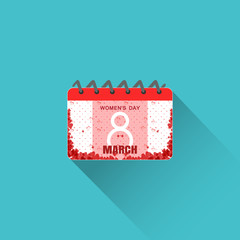 Flat vector calendar icon for International Women's Day with red stripe on the top, floral pattern, number, long shadow on the turquoise background.