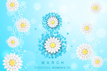 8 of March - International Women's Day vector wide poster on the gradient sunny blue background with floral pattern and white flowers.