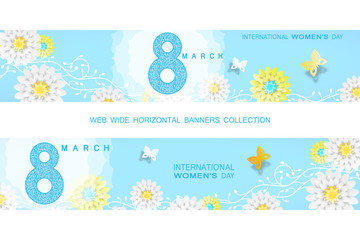 Vector set of 8 of March - International Women's Day wide banners on the gradient blue background with curly branches of flowers, butterflies, text, flowers.