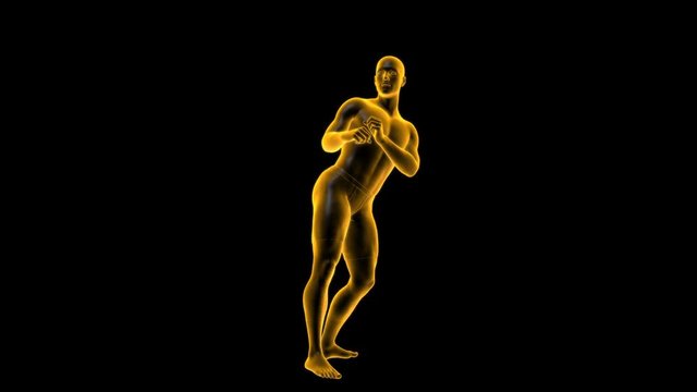 Fighter performing martial arts, human male figure practicing karate kata on black background, 3D animation