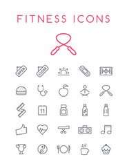 Set of Quality Isolated Universal Standard Minimal Simple Fitness Black Thin Line Icons on White Background