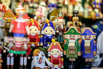 Colorful nutcrackers at a traditional Christmas market in Moscow, Russia