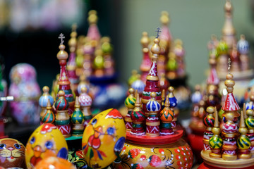 Russian souvenir. Music box with the orthodox towers of Saint Basil's cathedral in Moscow.
