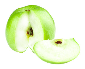 Green apple fruits and slices of apple isolated on white background