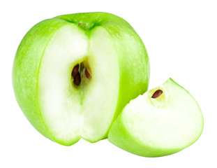 Green apple fruits and slices of apple isolated on white background