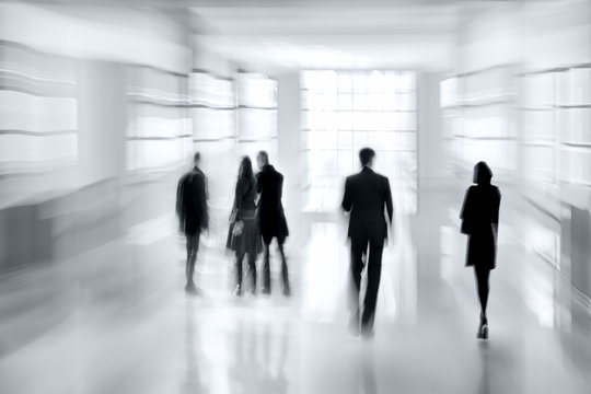 group of people in the lobby business center  in monochrome blue tonality