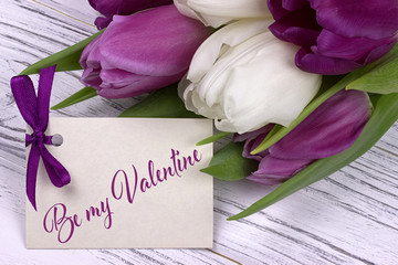 Valentines day greeting card, tulips white purple ribbon, white wooden background.