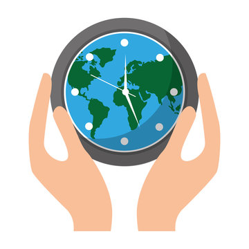 hands holding clock with earth map inside environment safety vector illustration