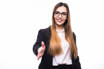 Smiling businesswoman standing over white background, business, education, office, shake hand concept