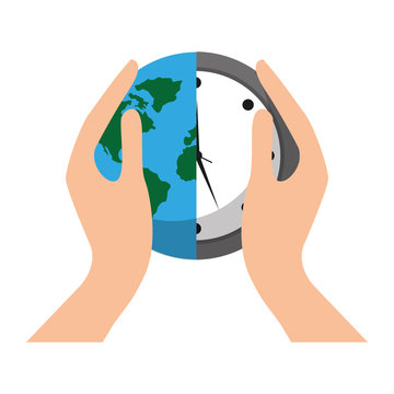 hands holding clock world map protection concept vector illustration