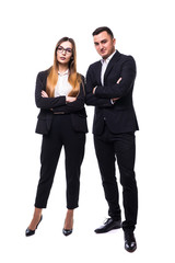 Business man and business woman with their hands crossed isolated on white background