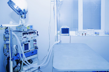 Equipment and medical devices in modern veterinary operating room (Health, animal, hospital, treatment, medicine concept)