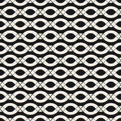 Vector chains pattern. Abstract geometric seamless texture with smooth wavy shapes, ovals, ropes, horizontal bands. Elegant monochrome background, repeat tiles. Stylish design for decoration, prints