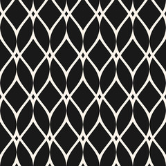 Naklejka premium Mesh seamless pattern, thin wavy lines. Texture of lace, weaving, net, delicate lattice. Subtle monochrome geometric background. Modern dark design for prints, fabric, textile, decor. - Stock vector